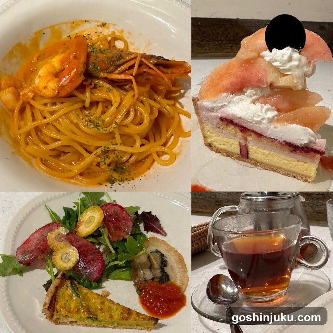 Food collage with pasta, cake, salad and tea