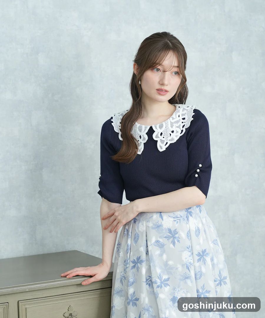 Fashion Model in Floral Skirt and Lace Collar Top