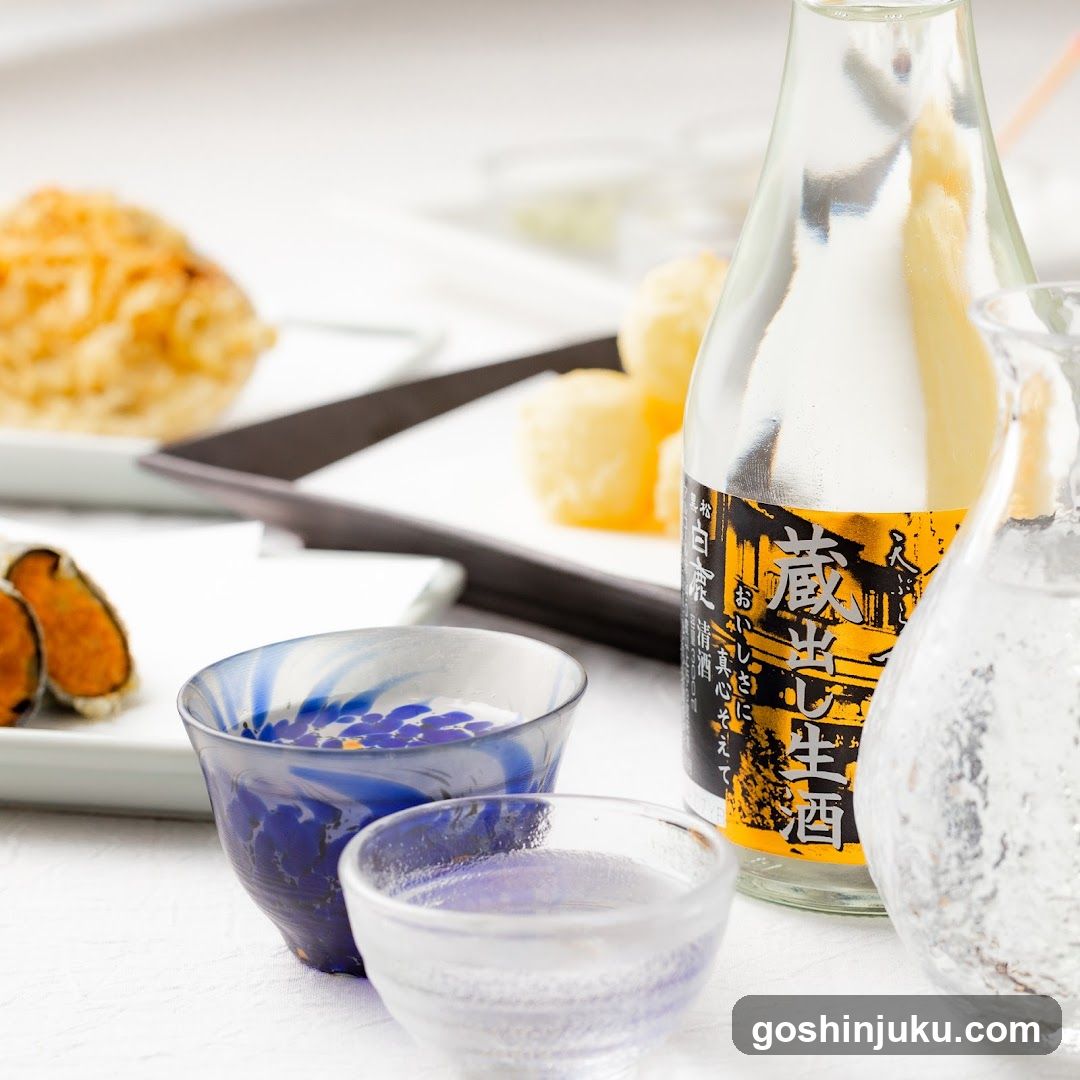 A close-up of a bottle of sake with Japanese labeling, accompanied by small glass cups filled with liquid, a pitcher, and plates of food including what appears to be fried items and possibly sushi or sashimi.