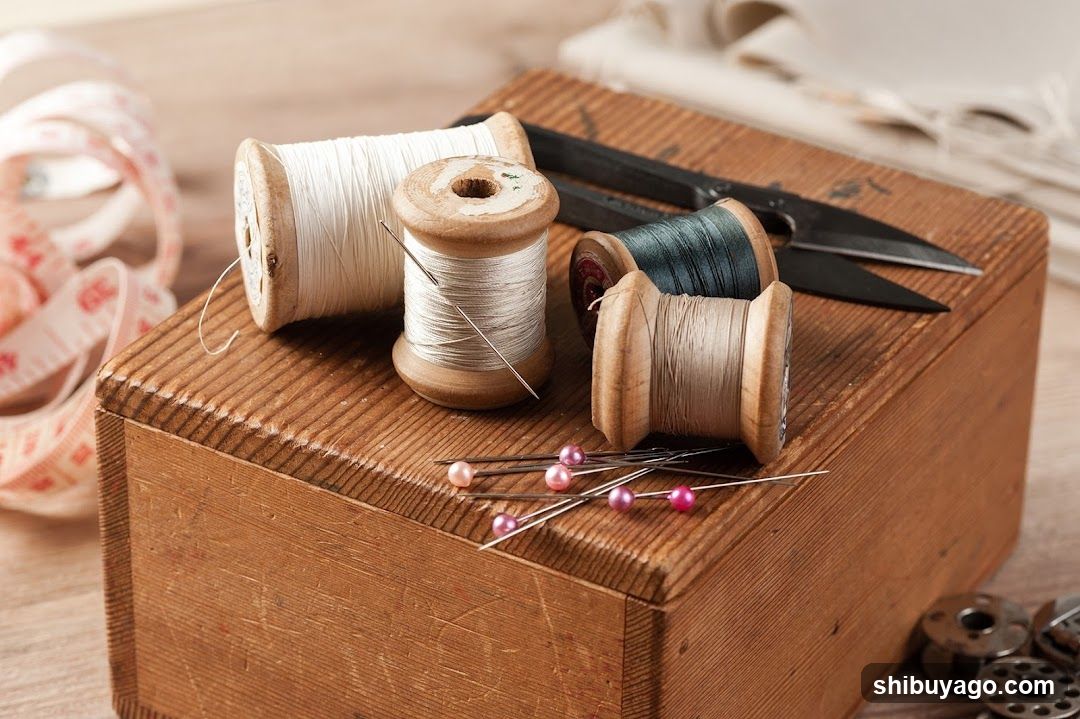 Sewing Supplies on Wooden Box
