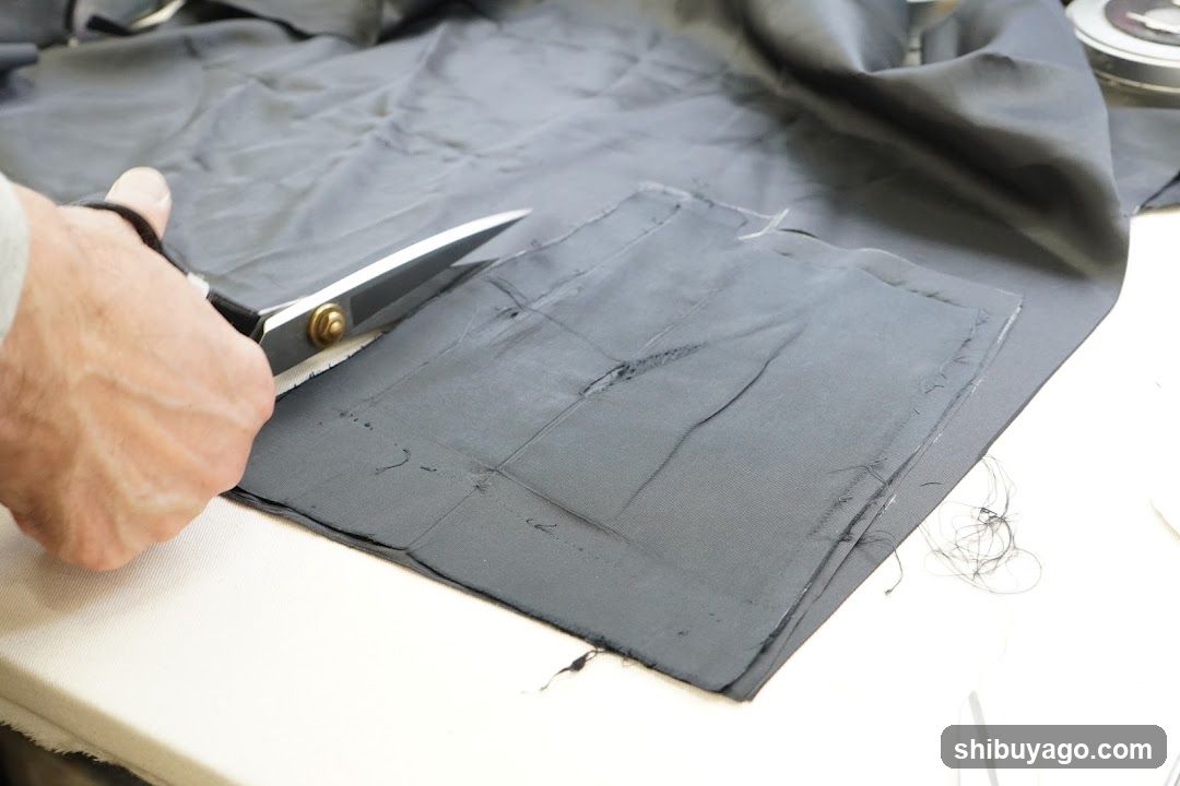 A close-up view of a person's hand using large shears to cut through dark gray fabric laid out on a white surface. The fabric appears to be marked with faint lines, suggesting it is being prepared for sewing or tailoring. A small pile of loose threads lies nearby.