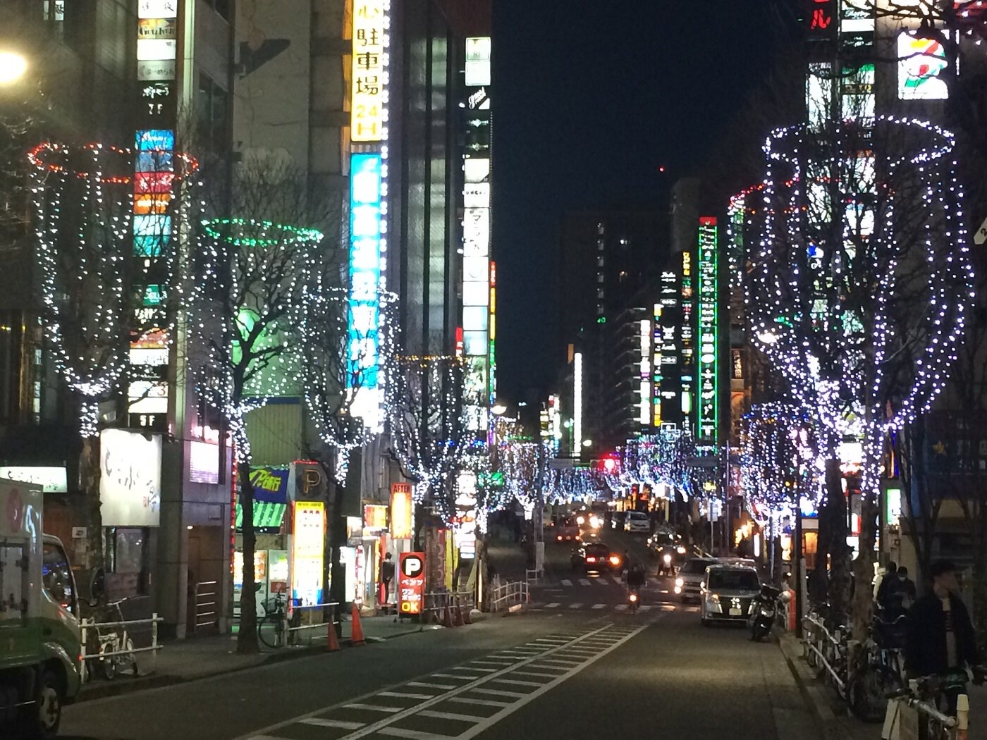 White lights on street trees along Kabukicho Kuyakusho-dori at night