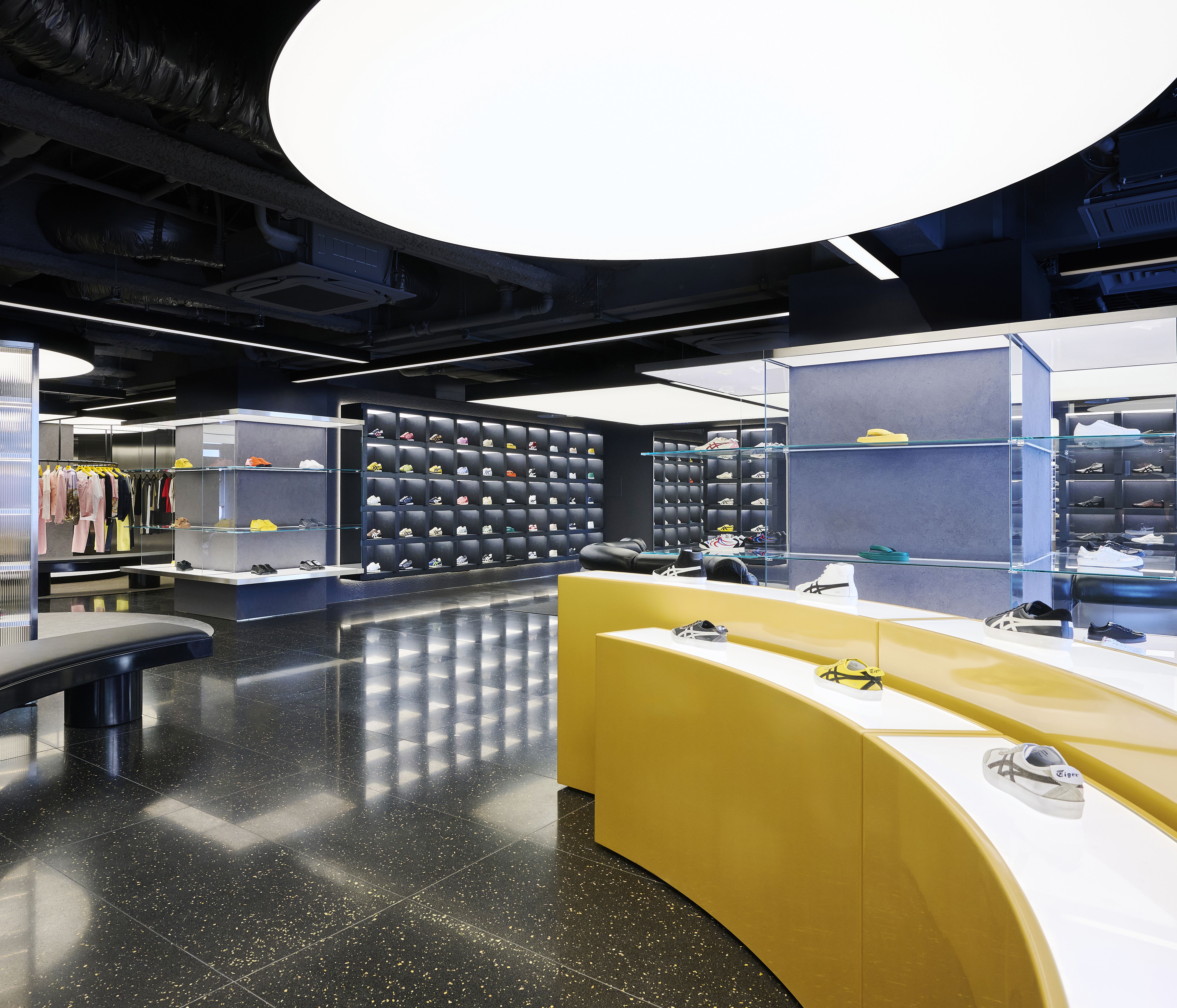 Second floor of Onitsuka Tiger Shinjuku with black terrazzo and NIPPON MADE series